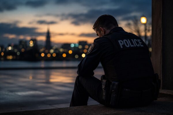 trauma in first responders Officer sitting alone, reflective
