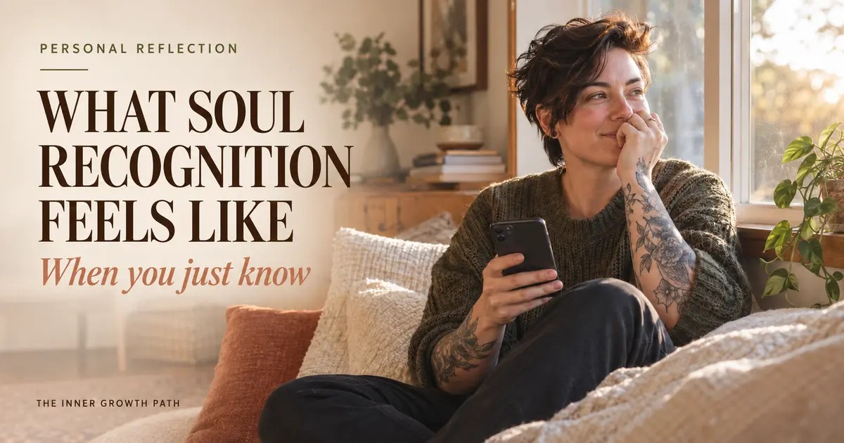 A reflective woman holding her phone alongside the words What Soul Recognition Feels Like