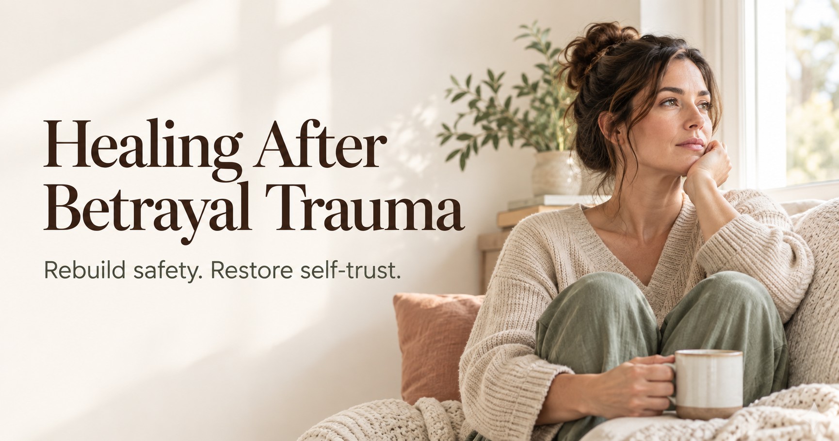 Person reflecting quietly while healing after betrayal trauma