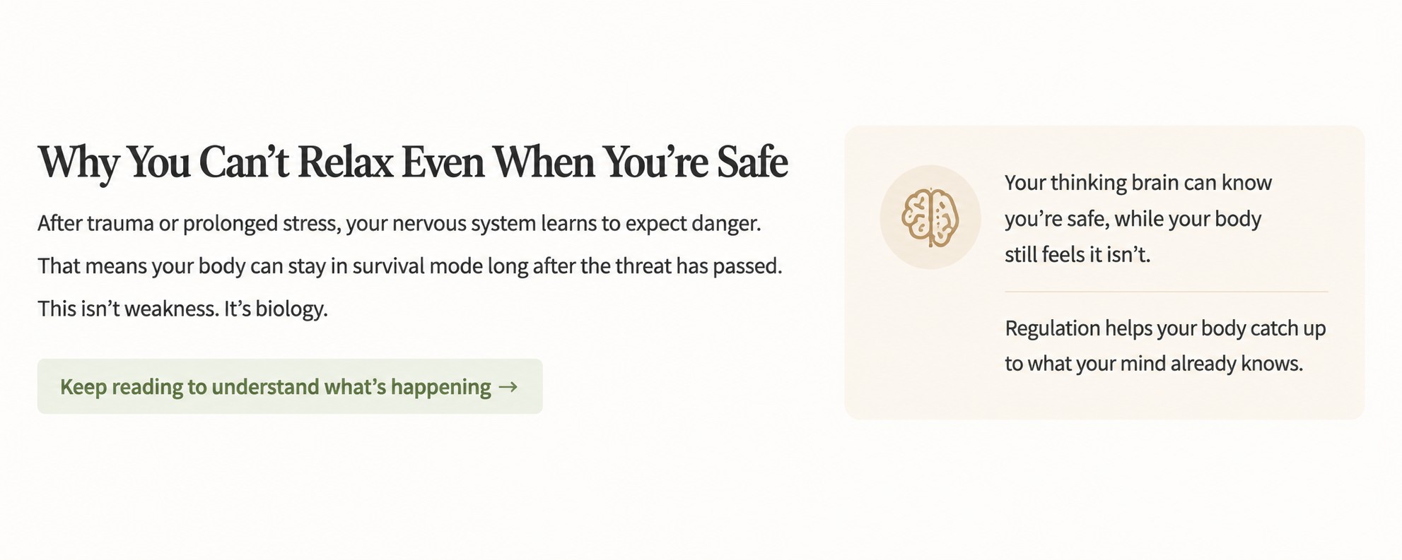 Infographic explaining why the body can stay in survival mode after trauma, even when the mind knows you are safe.