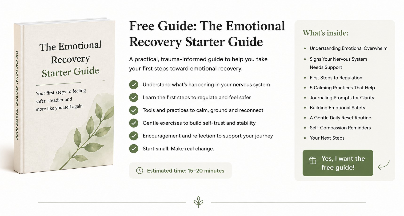 Preview of the free Emotional Recovery Starter Guide, including the guide cover, key benefits, contents, and download call to action for people beginning their emotional recovery journey.