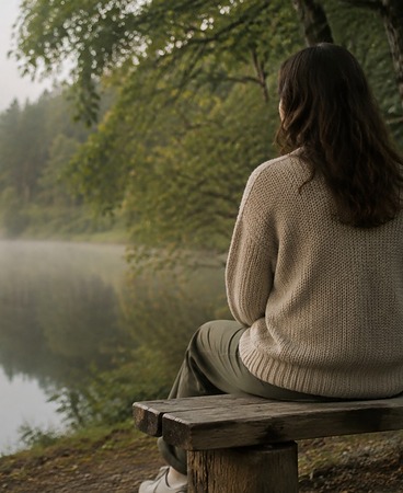 Woman sitting quietly beside a calm lake in soft morning light.