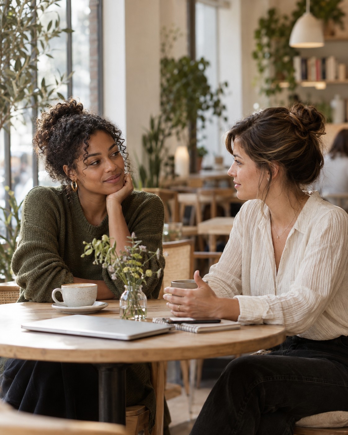 Two people experiencing a quiet sense of familiarity during a conversation