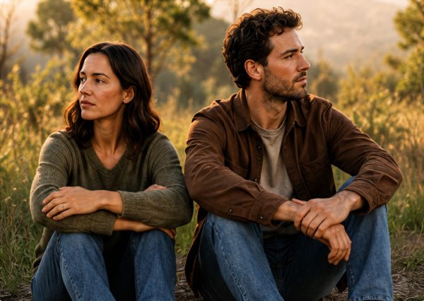 Couple sitting apart after a relationship ends at the three-month mark. Couple sitting apart after a relationship ends at the three-month mark.