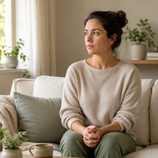 Woman feeling tense and unable to relax despite being in a calm, safe home. Woman feeling tense and unable to relax despite being in a calm, safe home.