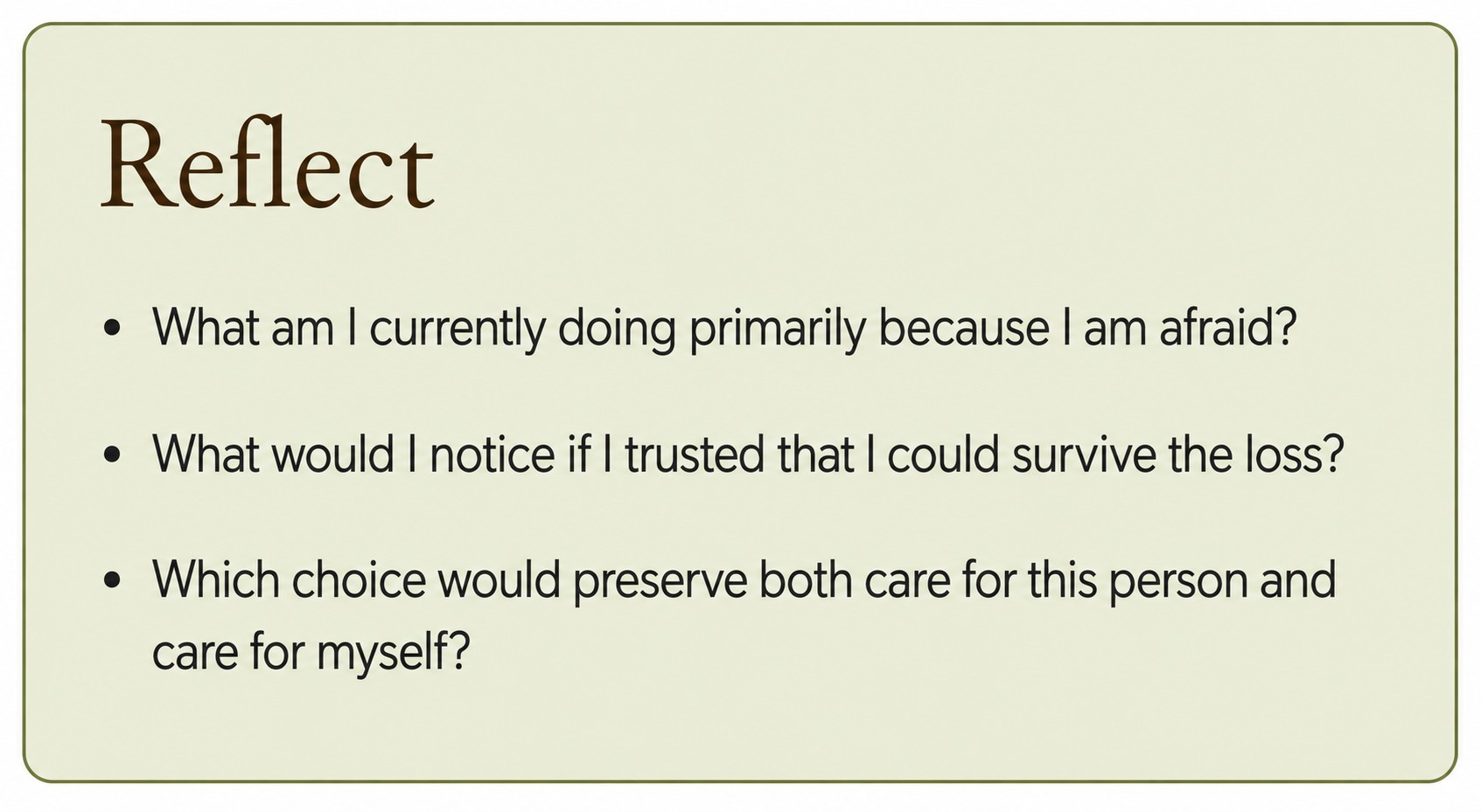 Reflection questions about fear, surviving loss and choosing self-care