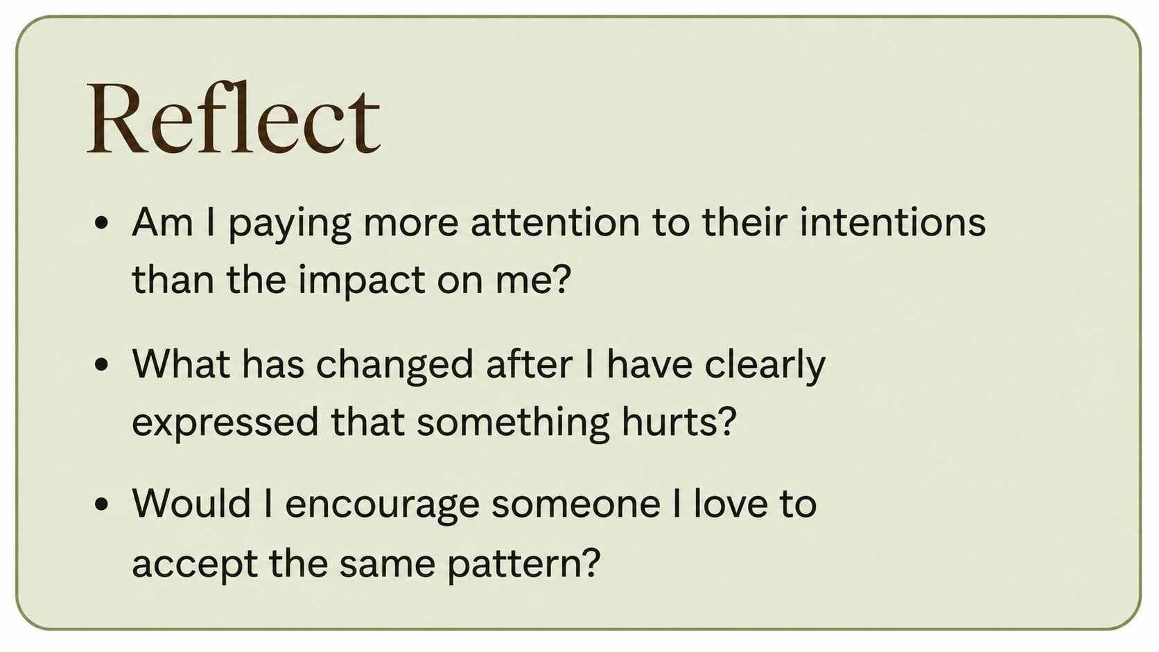 Reflection questions about harmful relationship patterns, impact and meaningful change.