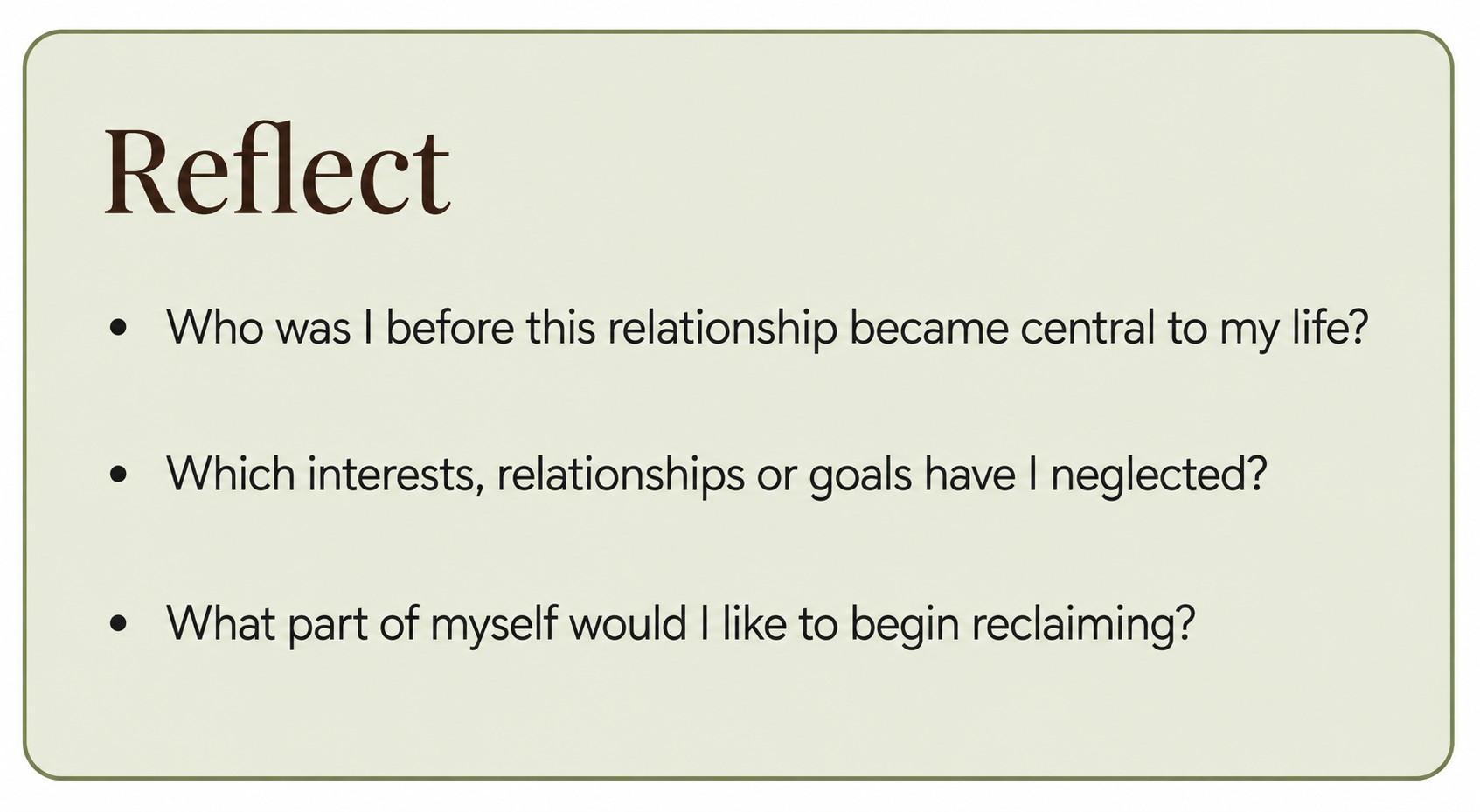 Reflection questions about identity loss and reclaiming yourself after a relationship.