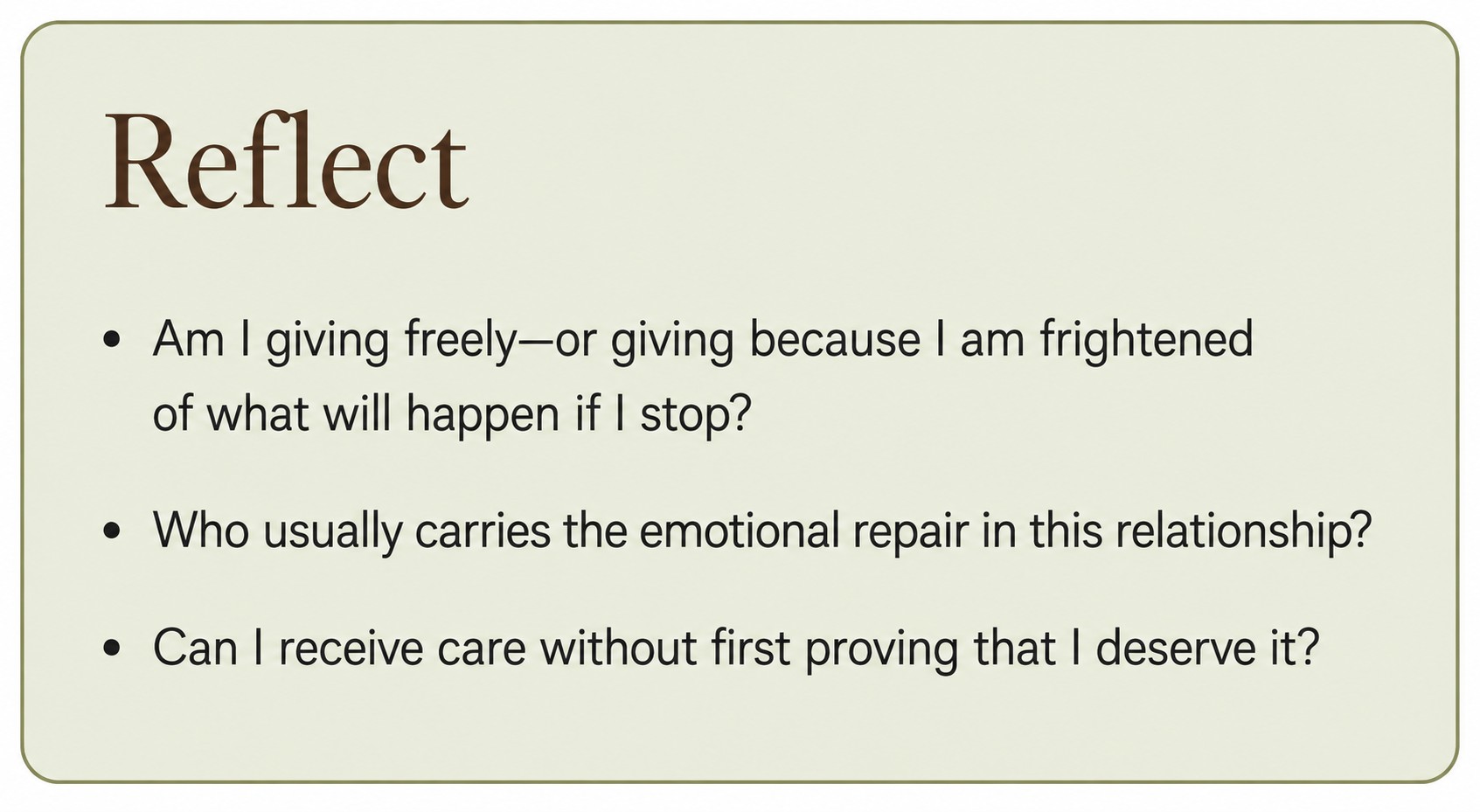 Reflection questions about overgiving, emotional repair and receiving care.