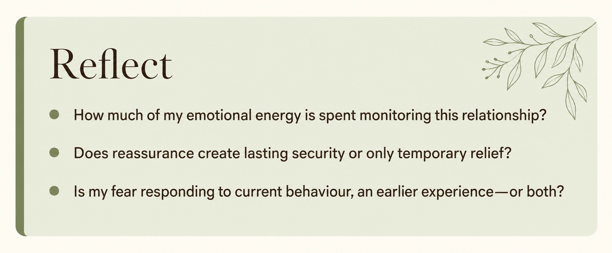 Reflection questions about relationship anxiety, reassurance and emotional security.