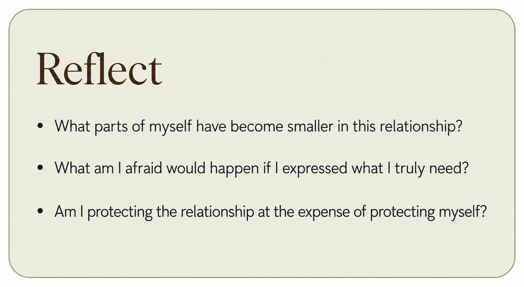 Reflection questions about self-abandonment, needs and boundaries in relationships.