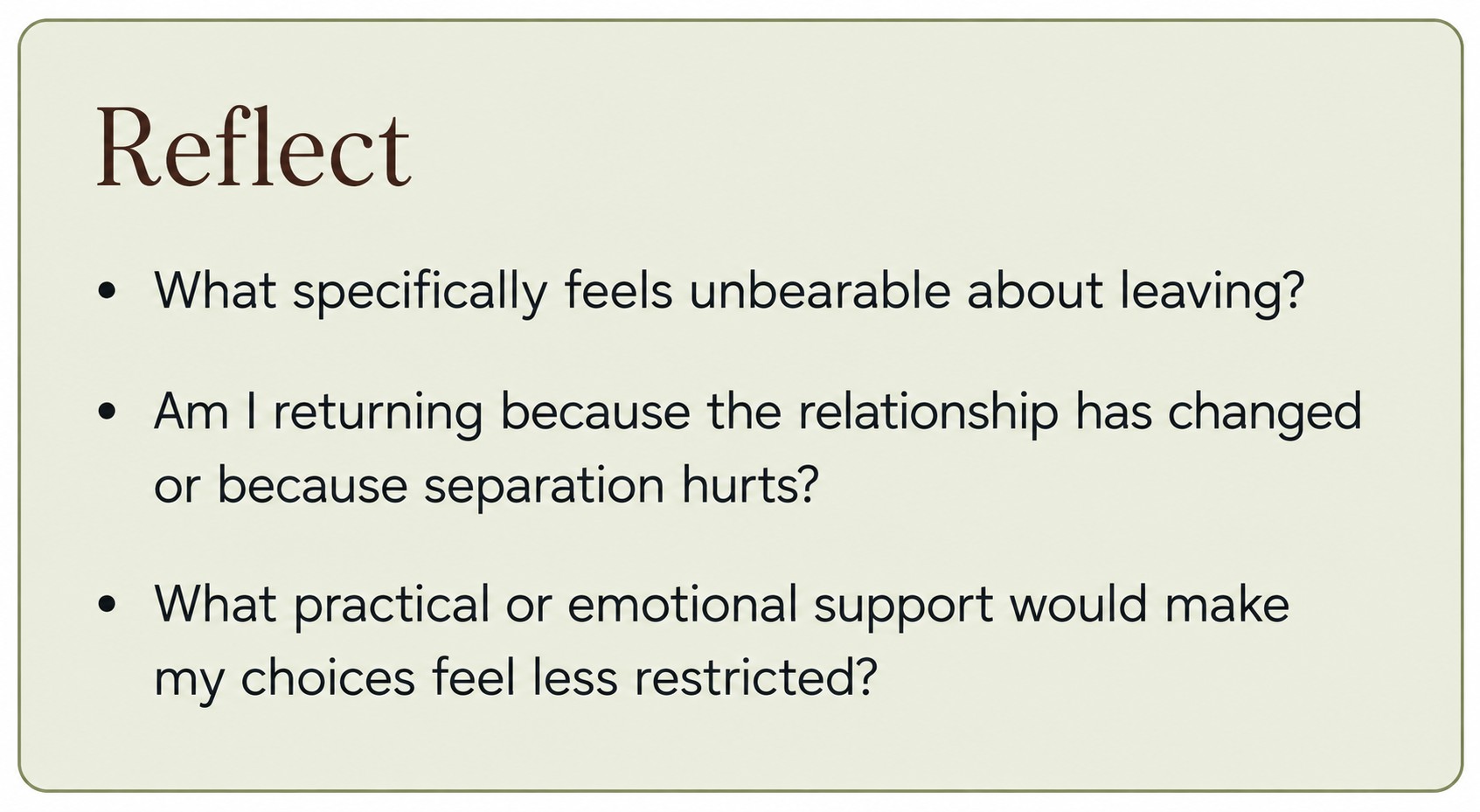 Reflection questions about separation pain, leaving and relationship support.