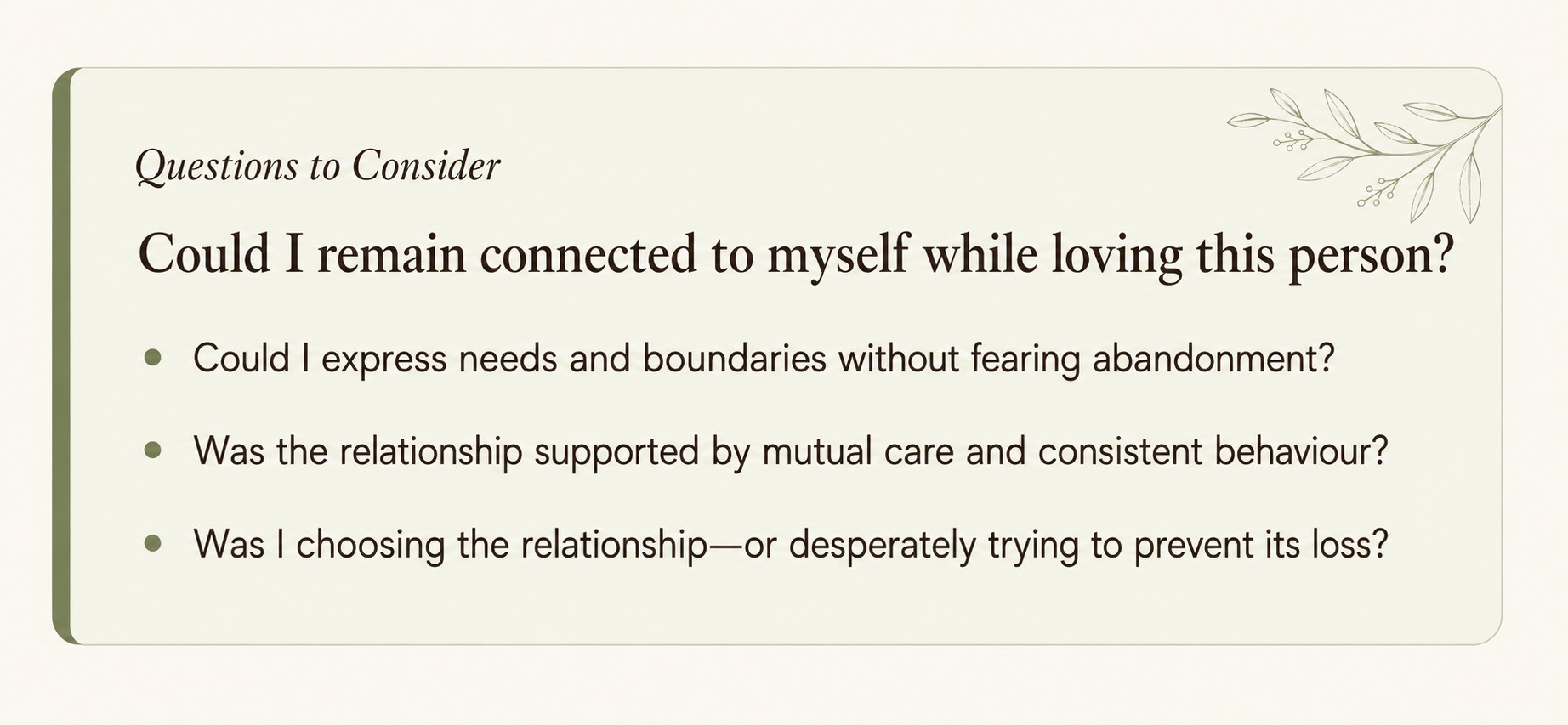 Reflection questions for evaluating emotional safety, boundaries, mutual care and self-connection in a relationship.