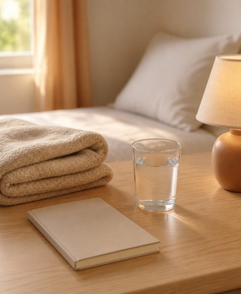 Notebook, water and folded blanket representing a gentle seven-day emotional reset Notebook, water and folded blanket representing a gentle seven-day emotional reset