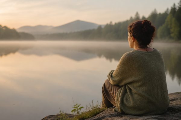 Woman experiencing identity loss after trauma while quietly reflecting beside a lake. Woman experiencing identity loss after trauma while quietly reflecting beside a lake.