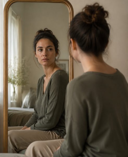 Woman looking uncertainly at her reflection, representing identity loss after trauma. Woman looking uncertainly at her reflection, representing identity loss after trauma.