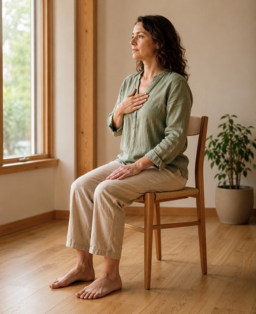 Woman practising gentle nervous system regulation after trauma in a quiet room Woman practising gentle nervous system regulation after trauma in a quiet room