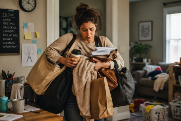 An overwhelmed person carrying multiple bags signs of burnout