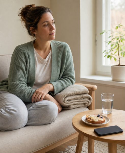 Woman resting in a quiet room with water, a folded blanket, a simple snack and a phone placed face-down.