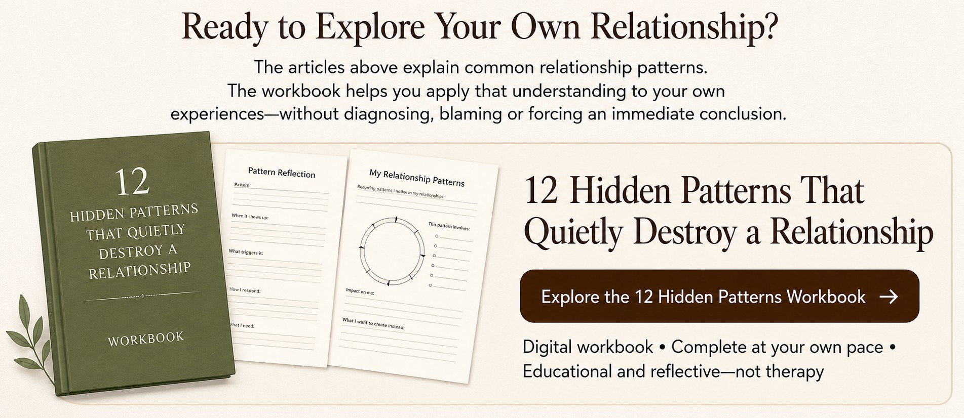 12 Hidden Patterns That Quietly Destroy a Relationship workbook with relationship reflection worksheets.