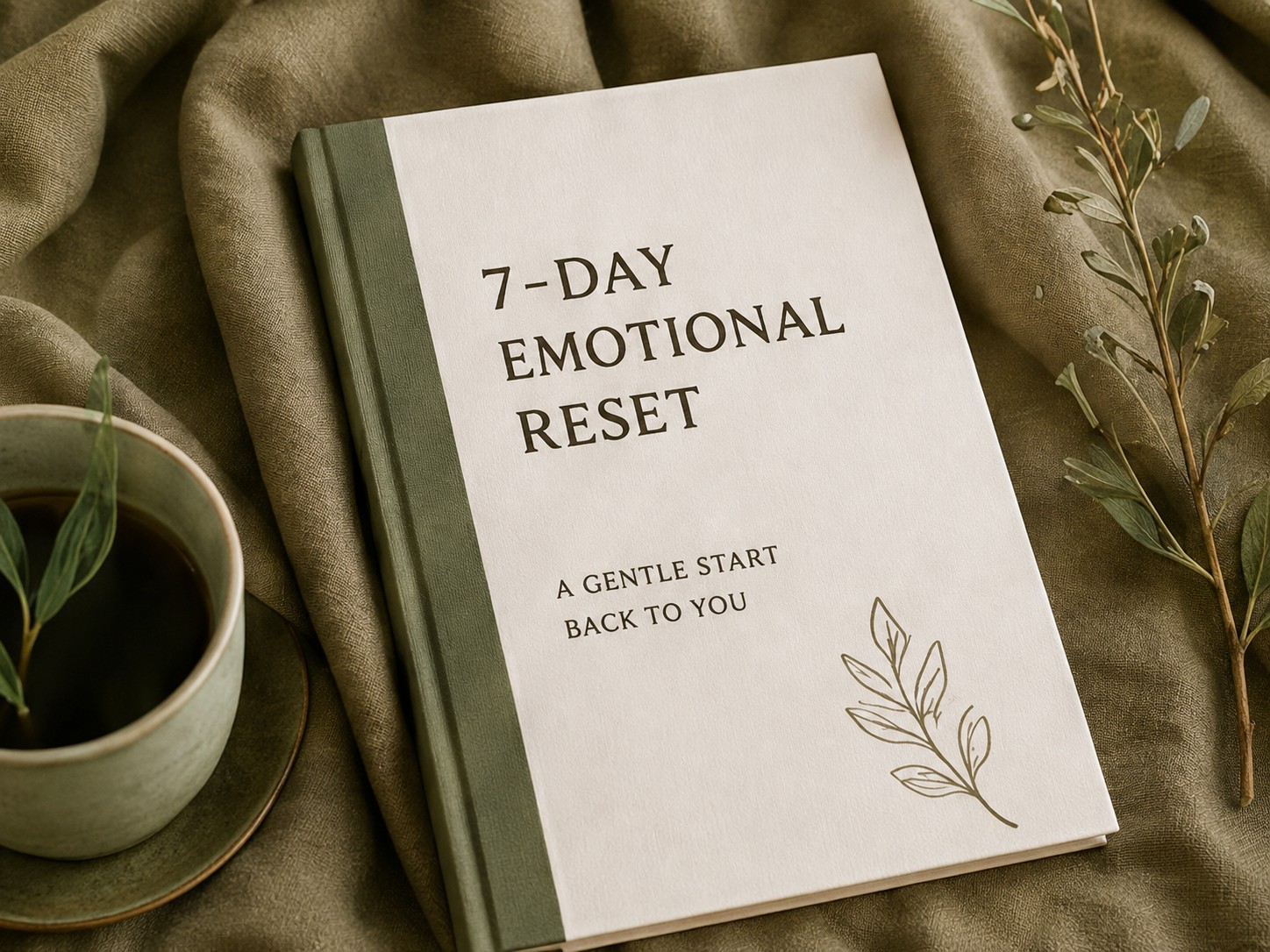 7-Day Emotional Reset guided healing workbook with tea and olive branches