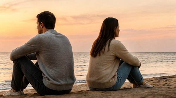 Couple sitting apart on a beach at sunset, facing opposite directions after relationship conflict. Emotionally distant couple representing hidden patterns that can cause relationships to end.