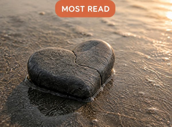 Cracked heart-shaped stone on a beach representing heartbreak and emotional healing. Cracked heart-shaped stone on a beach representing heartbreak and emotional healing.