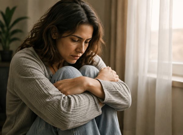Distressed woman sitting by a window representing emotional overwhelm and trauma. Distressed woman sitting by a window representing emotional overwhelm and trauma.
