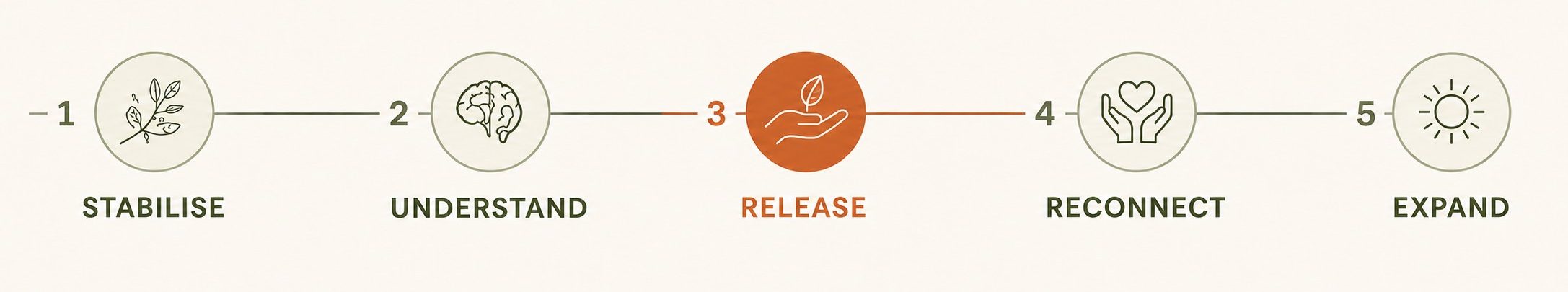 Five-stage healing pathway: Stabilise, Understand, Release, Reconnect and Expand.