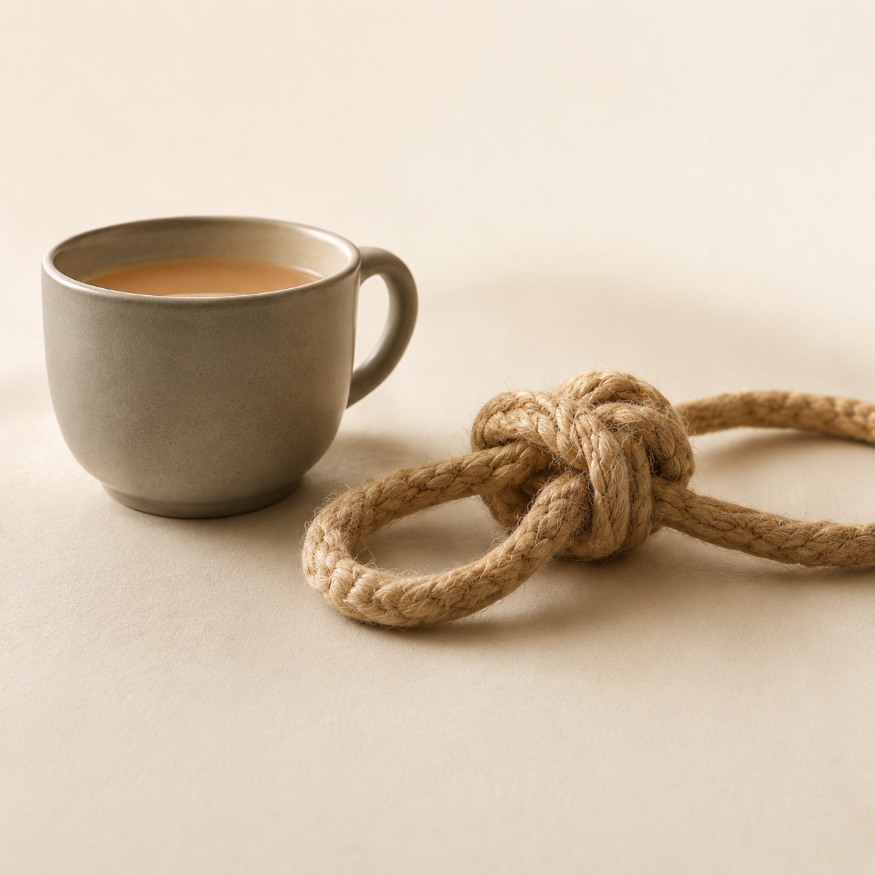 Loose rope beside a warm drink representing the release of emotional attachment