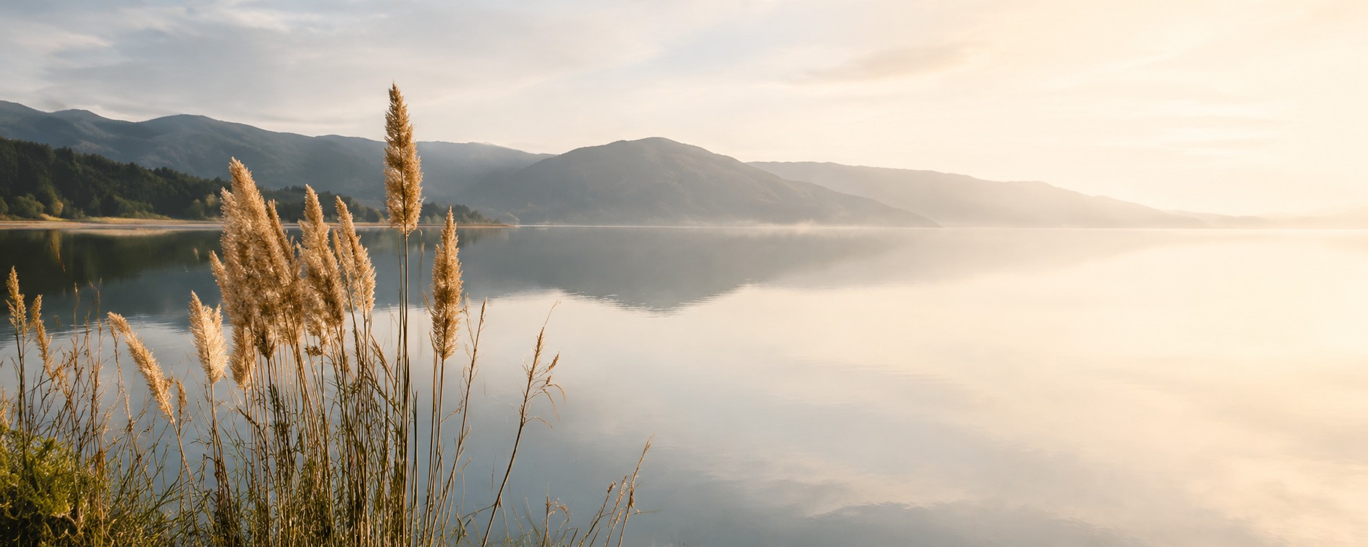 Peaceful misty lake with golden reeds representing calm and nervous-system regulation.