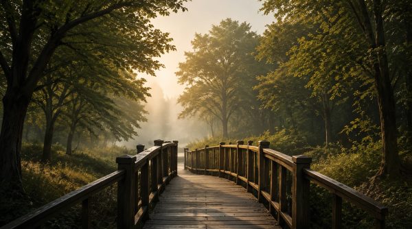 Peaceful woodland bridge leading towards soft light, symbolising release and moving forward.