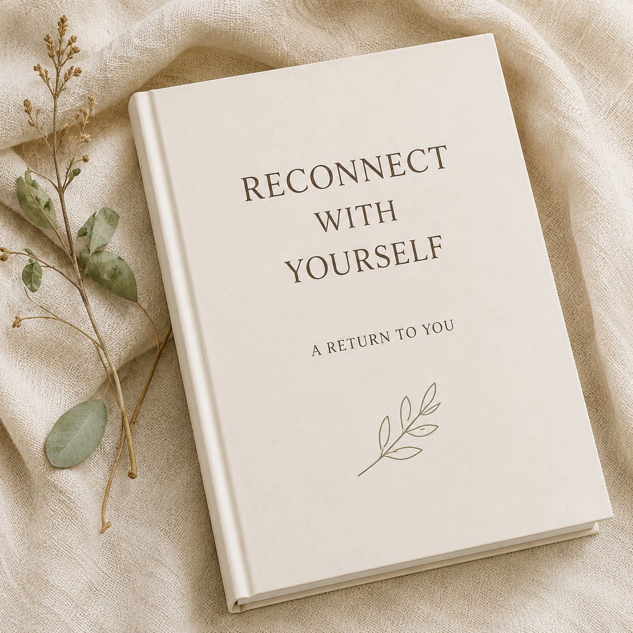 Reconnect With Yourself guided healing workbook on cream linen with botanical details.