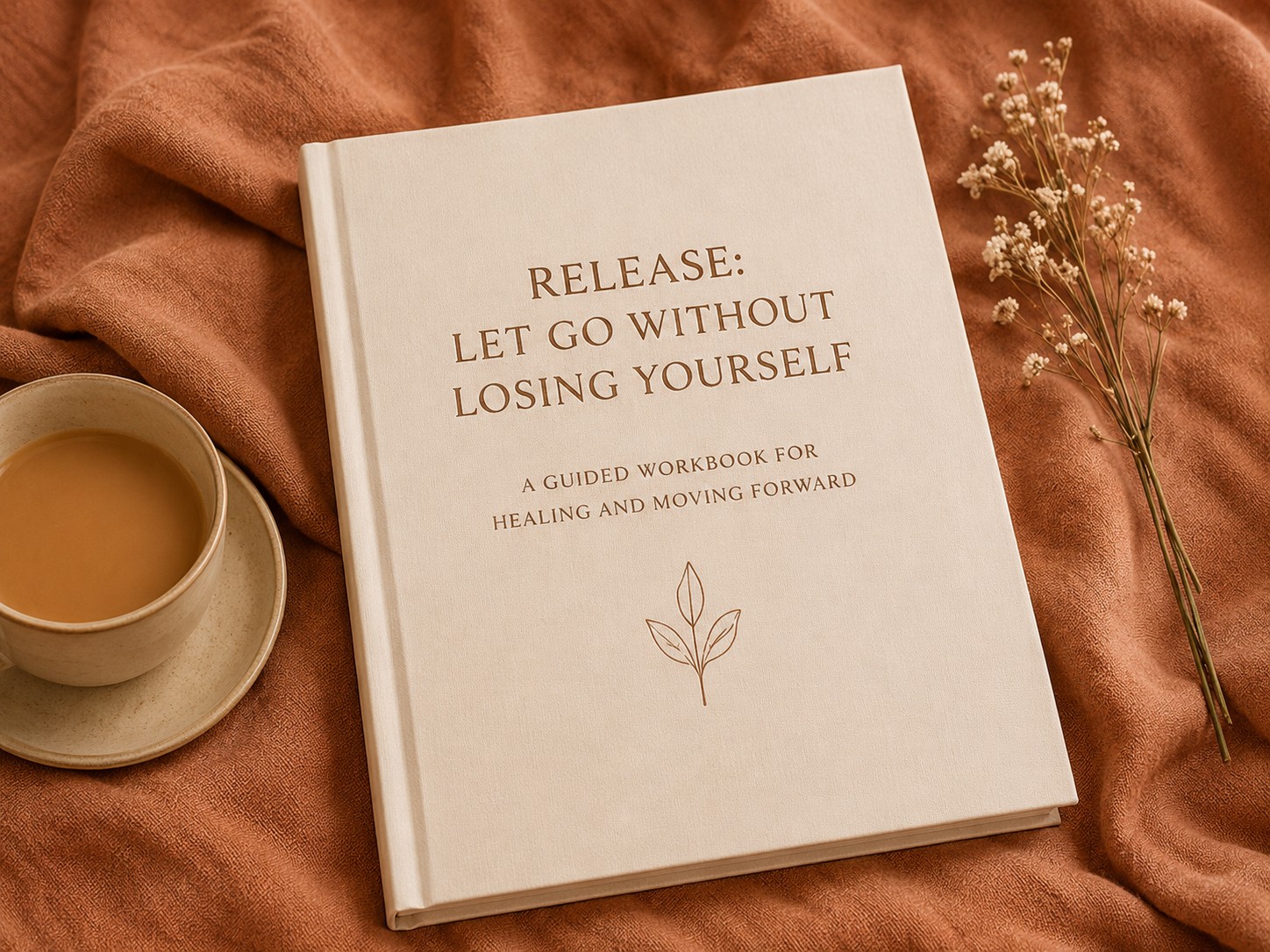 Release Let Go Without Losing Yourself guided workbook beside tea and dried flowers