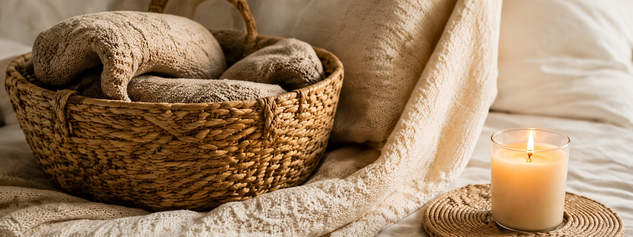 Soft blankets and a glowing candle creating a safe, restful environment for trauma recovery