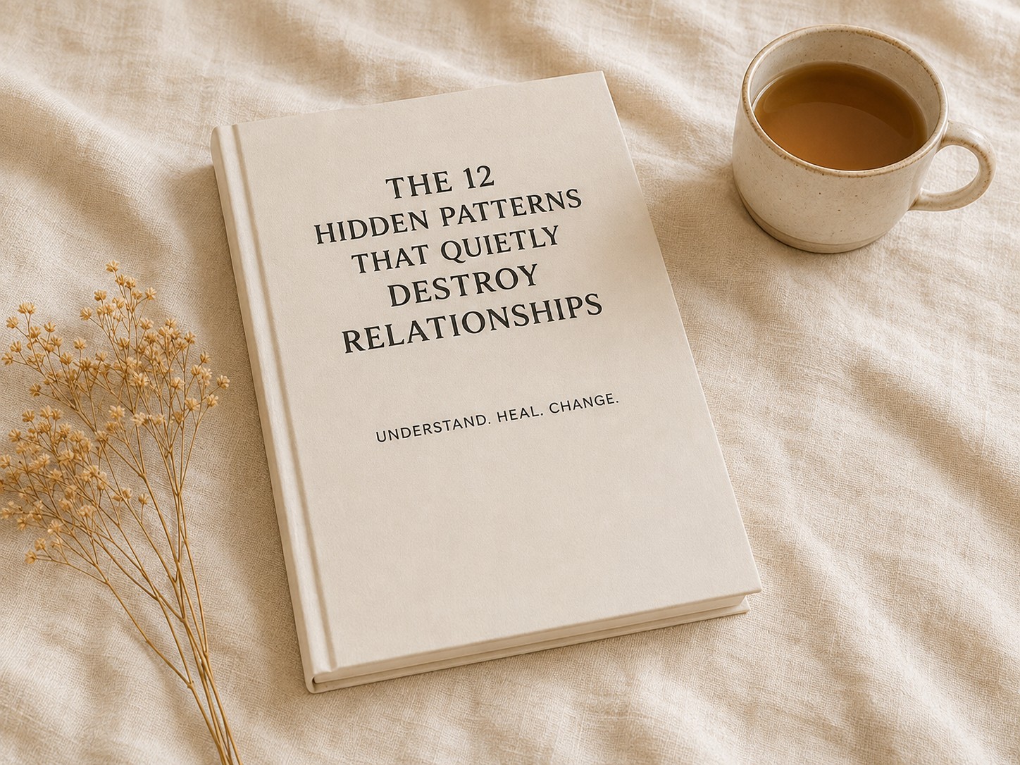 The 12 Hidden Patterns That Quietly Destroy Relationships guided workbook beside tea and dried flowers.