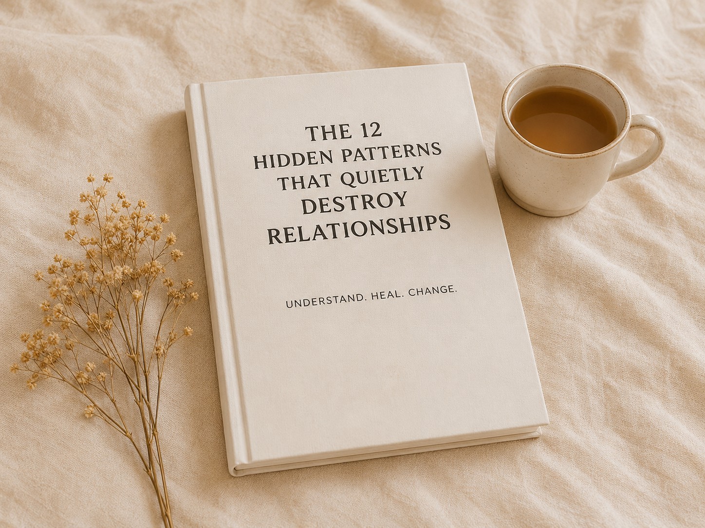 The 12 Hidden Patterns That Quietly Destroy Relationships guided workbook beside tea and dried flowers
