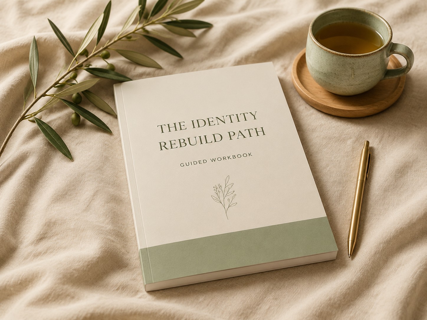 The Identity Rebuild Path guided workbook beside tea, an olive branch and a gold pen