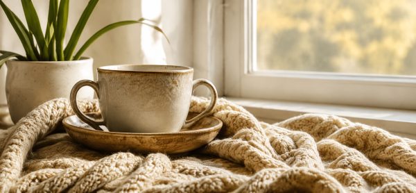 Warm cup of tea beside a soft blanket in a calming space for nervous-system regulation.