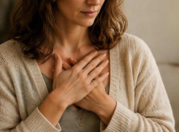 Woman resting both hands over her heart in a calming, self-soothing gesture. Woman resting both hands over her heart in a calming, self-soothing gesture.