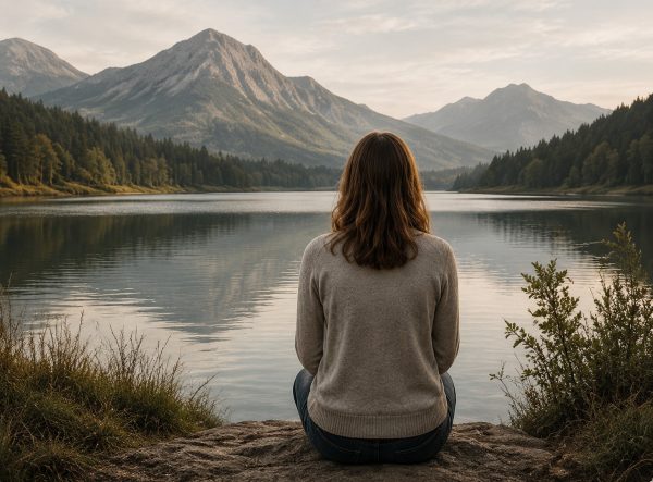 Woman sitting beside a mountain lake reflecting on healing and personal growth. Woman sitting beside a mountain lake reflecting on healing and personal growth.