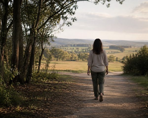 Woman walking towards open space during a stage of release after trauma and loss Woman walking towards open space during a stage of release after trauma and loss