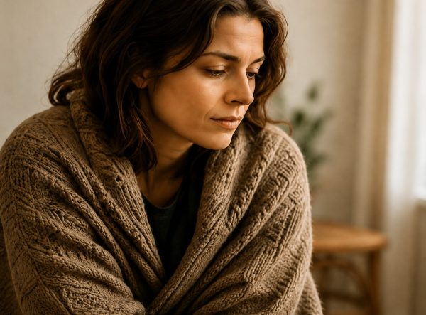 Woman wrapped in a blanket representing nervous system regulation after trauma. Woman wrapped in a blanket representing nervous system regulation after trauma.