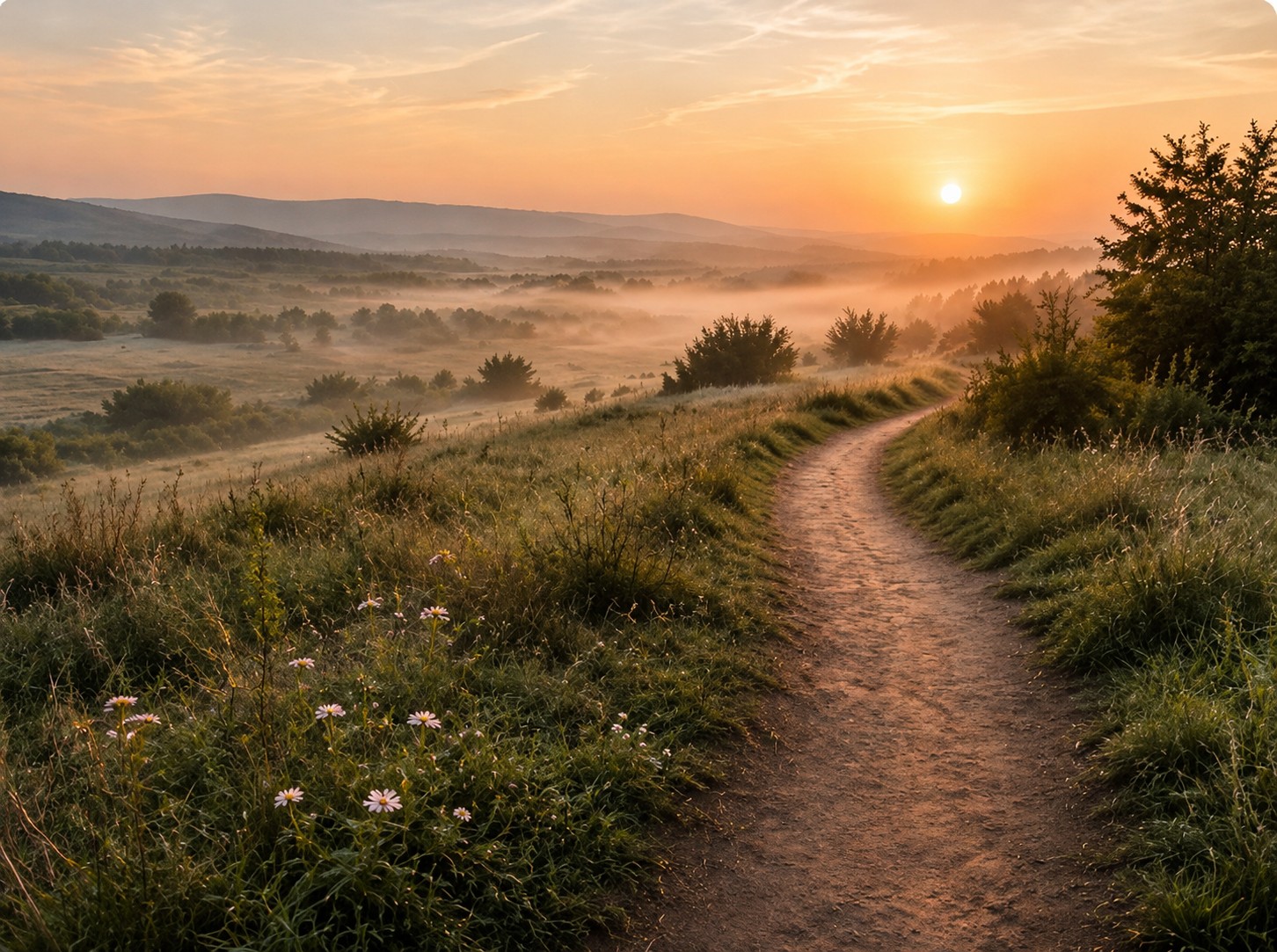 A quiet path through olive foliage toward a soft sunrise, representing recovery and rebuilding after emotional collapse.