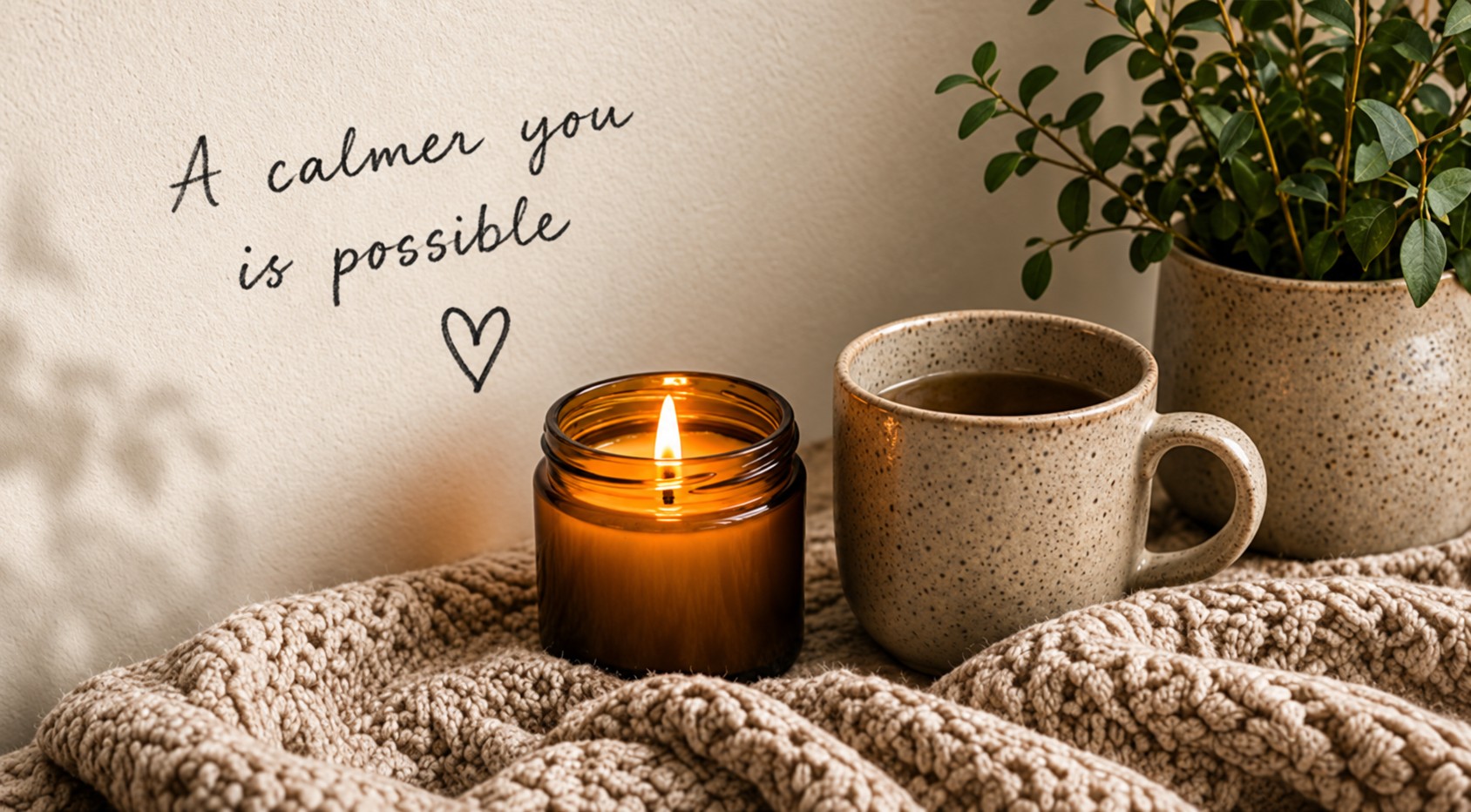 Candle, tea and soft blanket beneath the words “A calmer you is possible”