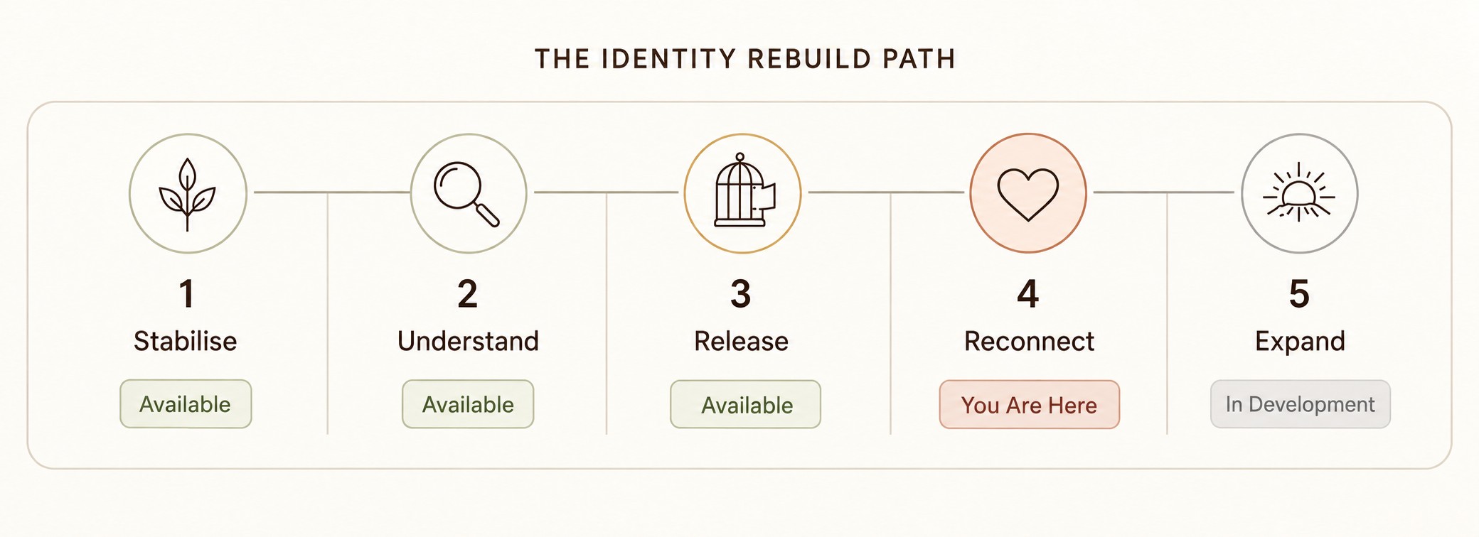 Five-stage Identity Rebuild Path with Stage 4 Reconnect highlighted as the current stage