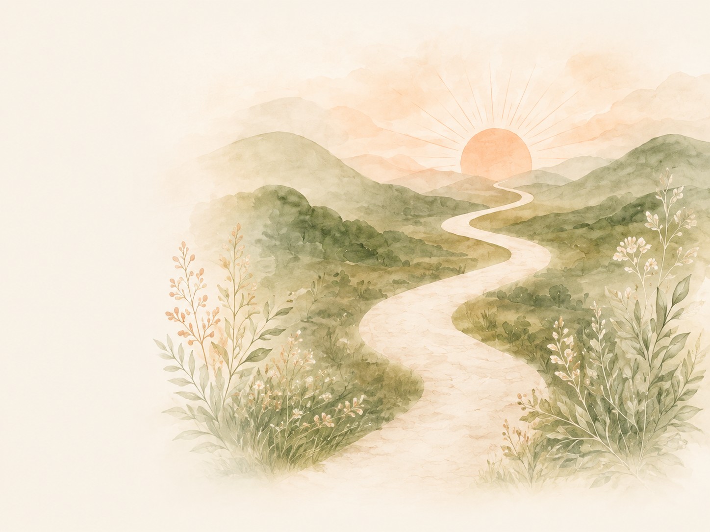 Winding path through gentle hills toward a sunrise, representing the Identity Rebuild Path
