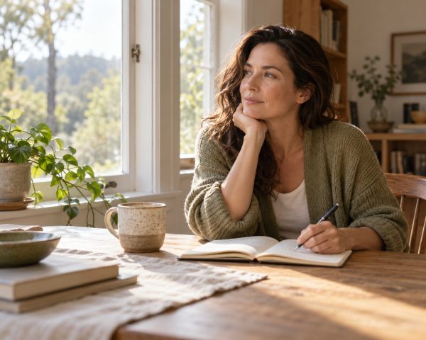 Woman reconnecting with herself through quiet reflection after a major life change