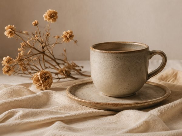 Warm cup of tea beside dried flowers, representing rest and reflection after heartbreak.