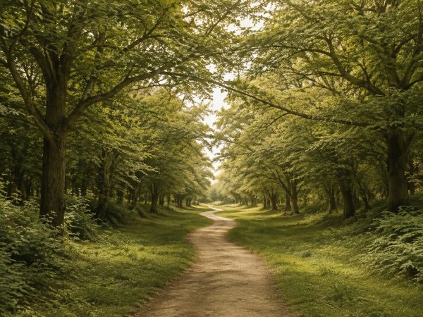 Sunlit path through green trees, representing identity rebuilding and renewed self-trust.